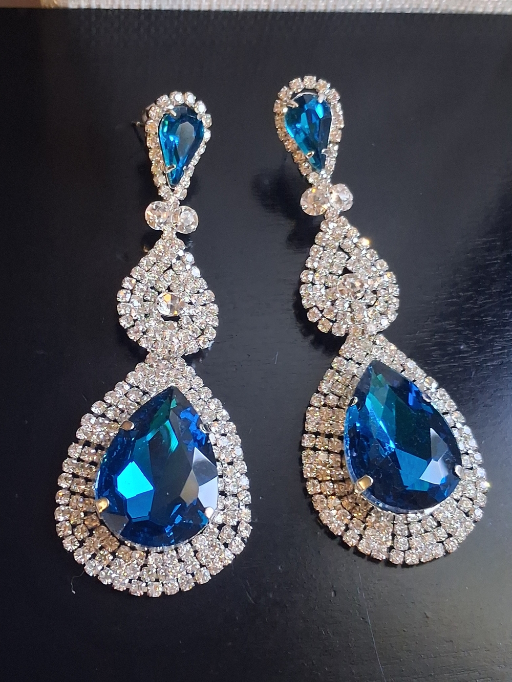 Sapphire Blue Glass Rhinestone Pageant Statement Earrings Prom Event Bridal 3¼" - Picture 16 of 16
